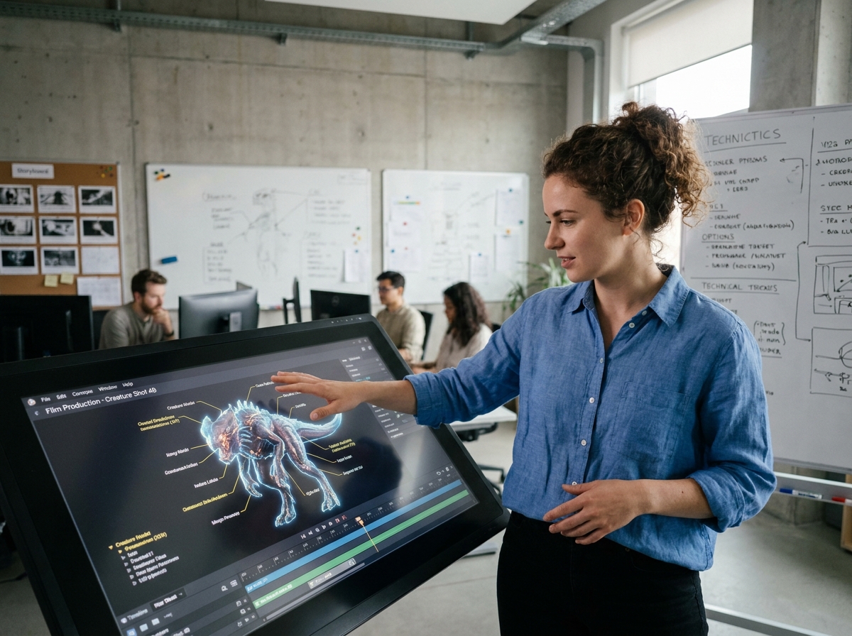 Superviseure VFX présentant un plan CGI sur grand écran tactile lors d'une réunion de production dans un studio moderne