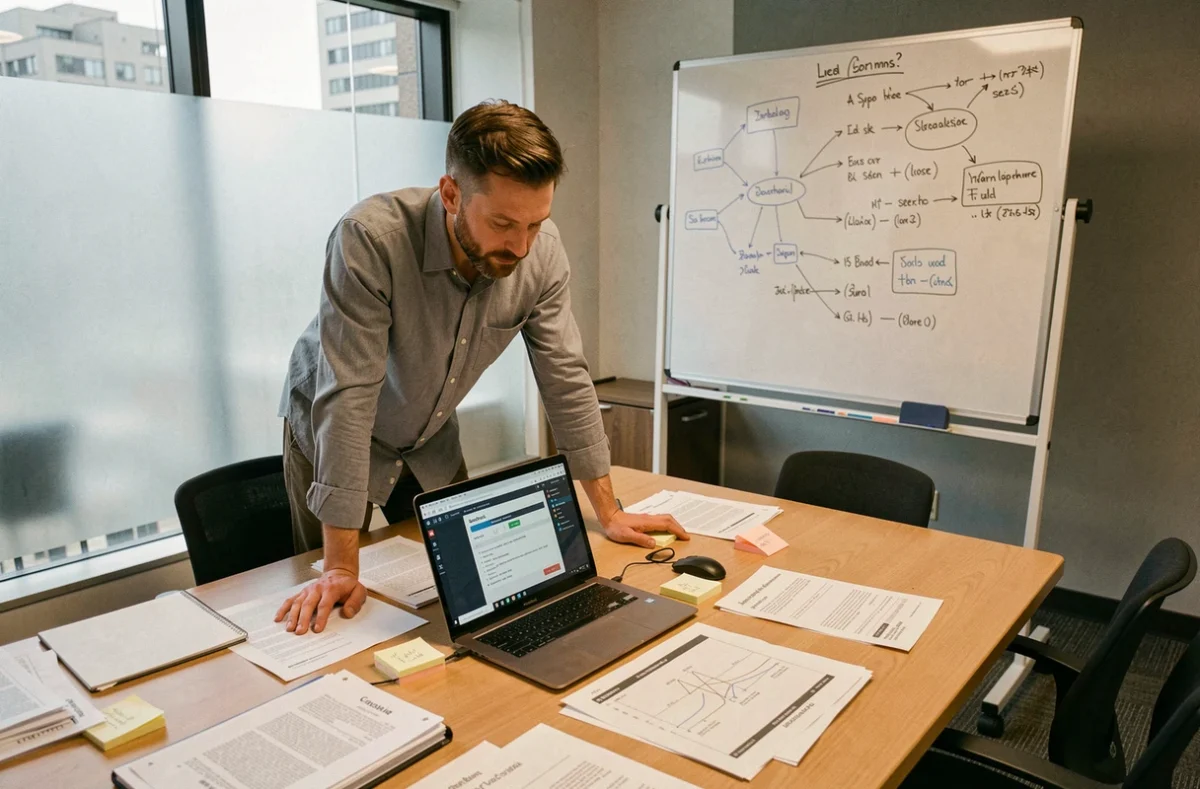 Technicien informatique analysant les nouvelles fonctionnalités et mises à jour du logiciel Habilec7 lors d'une session de travail en salle de réunion
