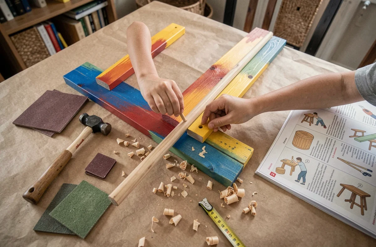 Vue du dessus des mains d'un enfant assemblant un projet de bricolage en bois avec des outils adaptés et une fiche de formation